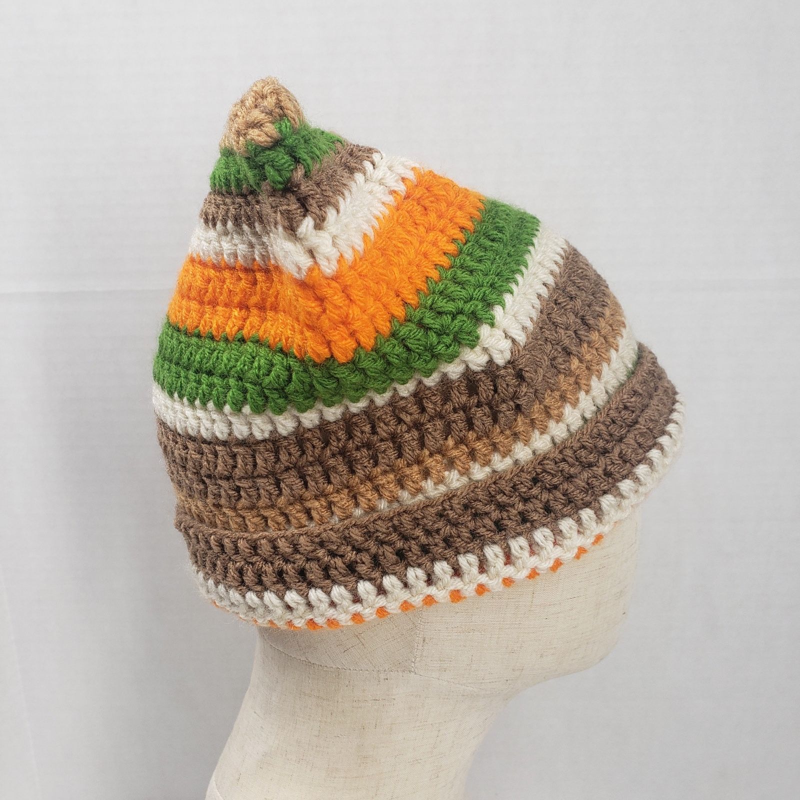 Handmade Cat Ear Beanie Crochet Hat Brown Green Stripe Handmade Knit Size ONE SIZE - 6 Thumbnail