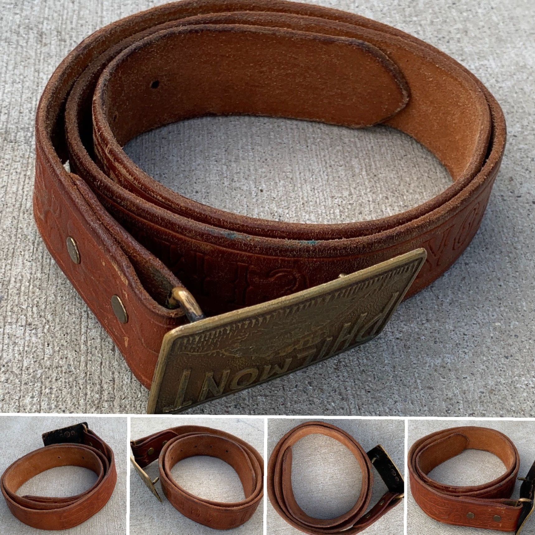 Vintage Philmont Belt Buckle Bastian Bros Co Rochester NY 1939 Union Made Tooled Leather Belt Brown Men Vintage Cowboy Western Size ONE SIZE - 7 Thumbnail