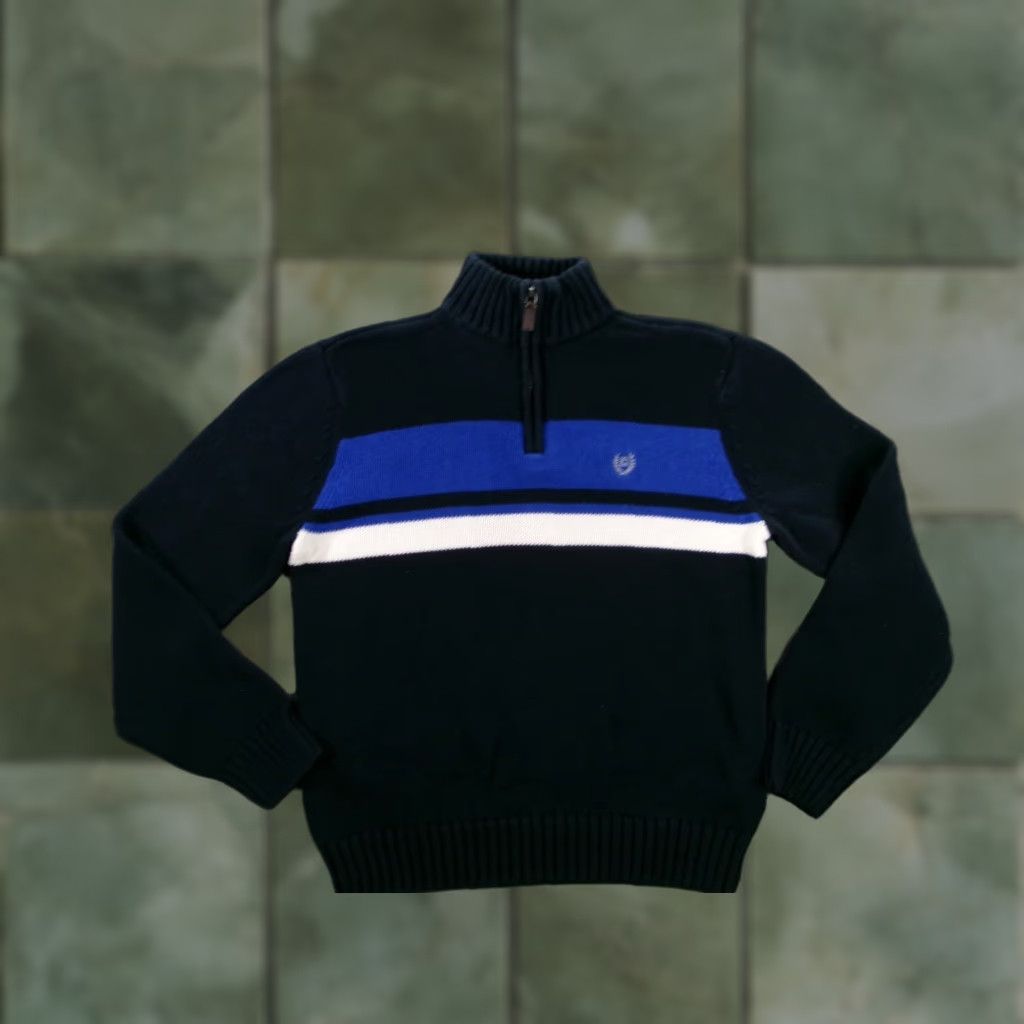 Chaps Chaps Sweater Mens Medium Blue Black White Stripe Pullover Cotton Logo 1/4 Zip Mock Neck Knitted Knit All Seasons Classic Preppy Size US M / EU 48-50 / 2 - 1 Thumbnail