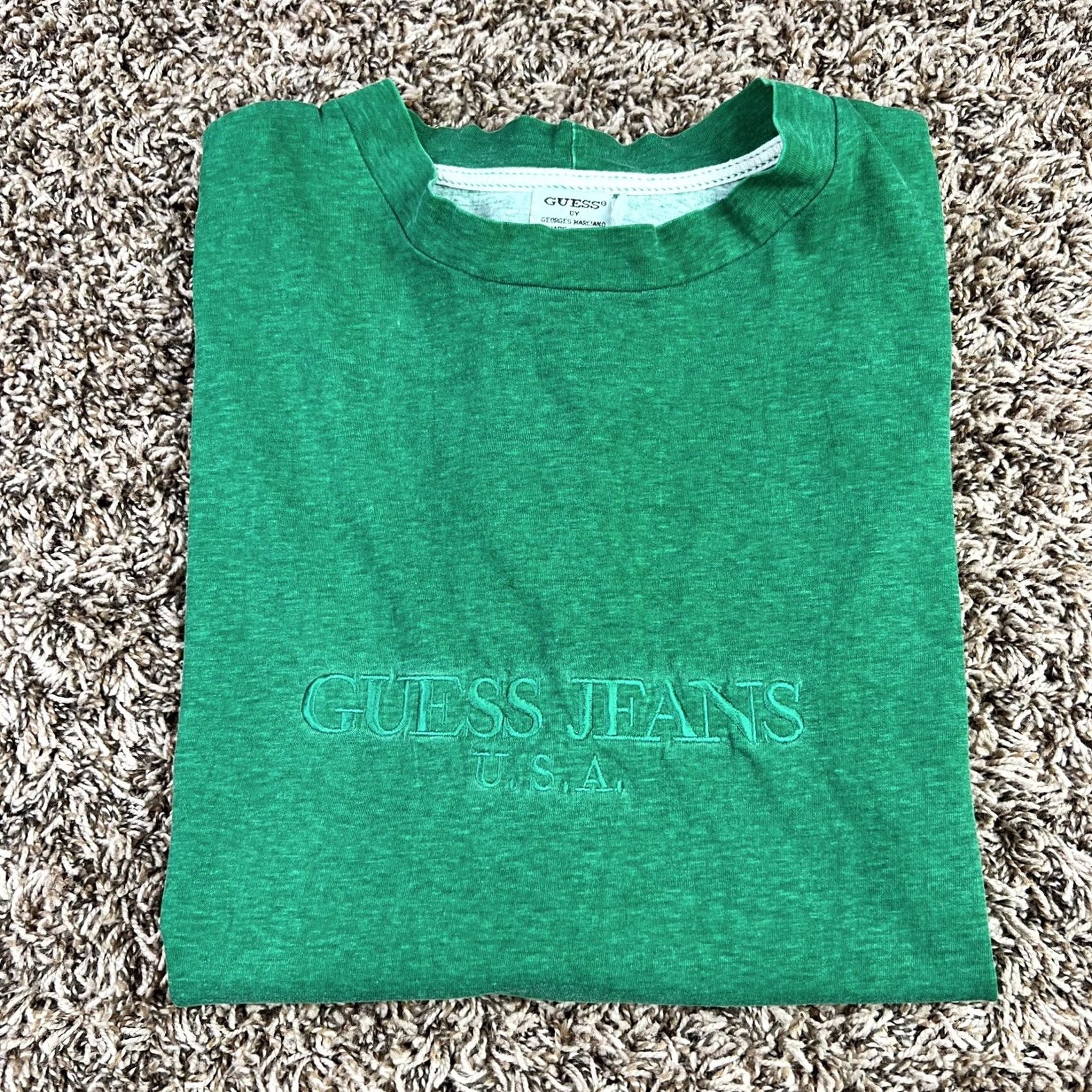 Guess VINTAGE Guess Jeans Embroidered Logo T-Shirt Green Heathered Large USA Mens 90s Brand Name Big Logo Short Sleeve Crew Neck US Origin Size US L / EU 52-54 / 3 - 4 Thumbnail