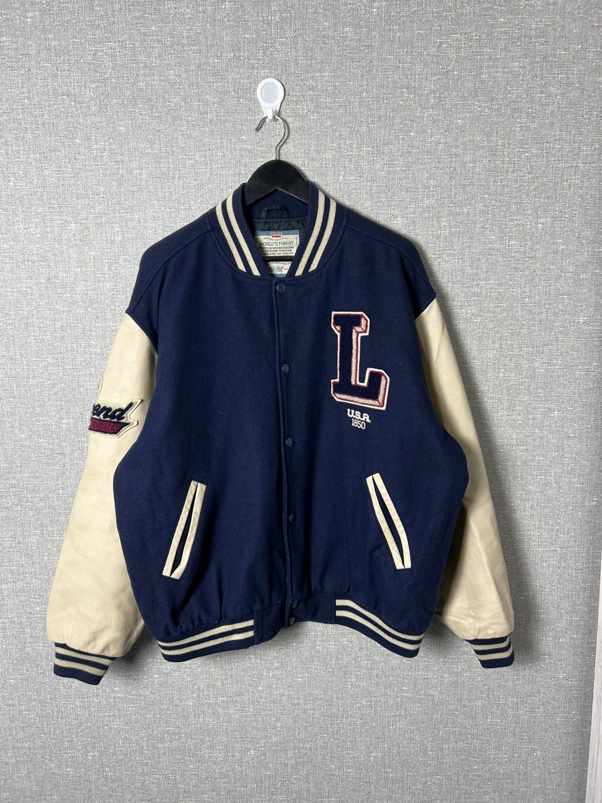 Levi's × Levi's Vintage Clothing Vintage Levis USA Varsity Bomber Jacket Leather Sleeves Size US L / EU 52-54 / 3 - 12 Thumbnail