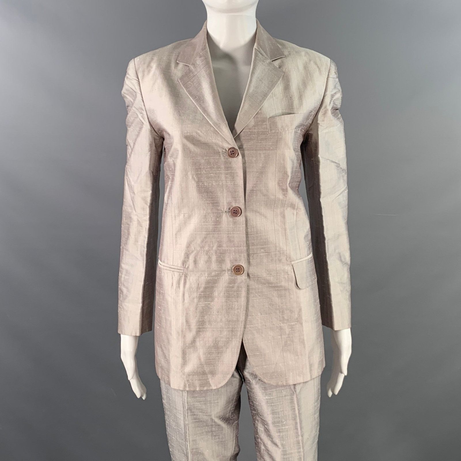 Silver Silk Shantung Single Breasted Pleated Pantsuit