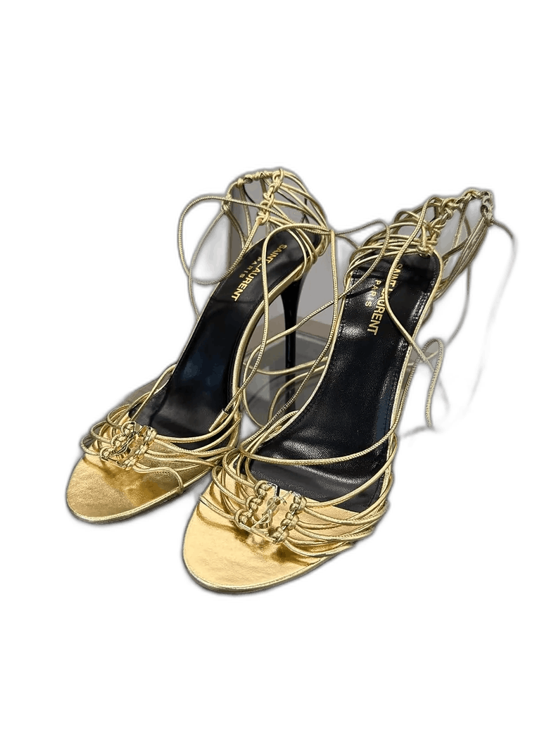 YVES Saint Laurent YSL Gold Letter Logo High Heel Shoes Sandals, Women's (Size 8)