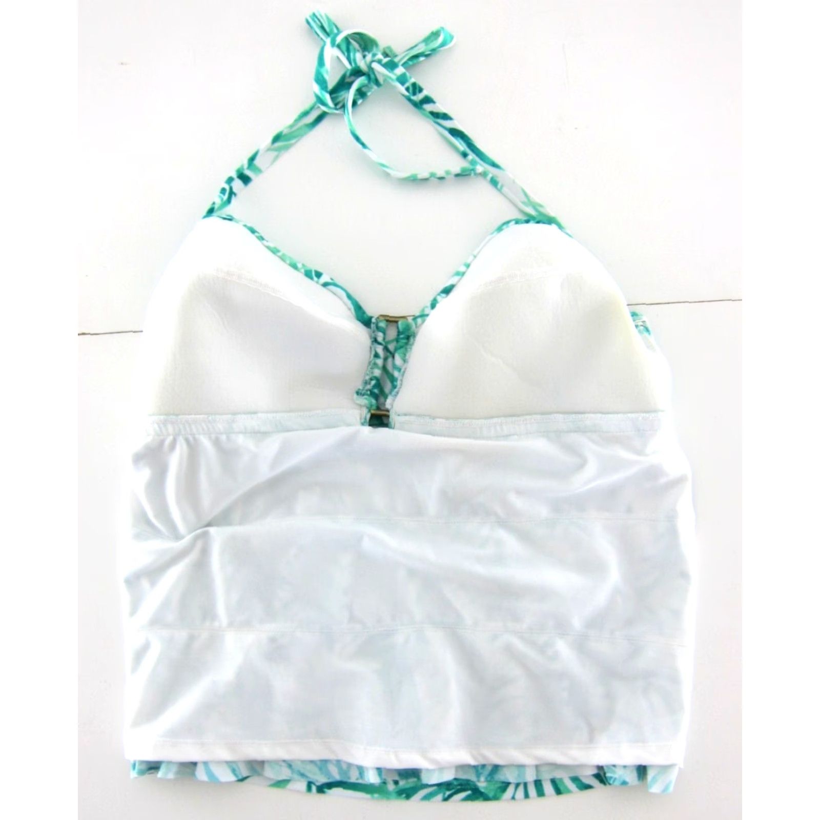 Catalina Catalina Swim Top Tankini Halter Built In Bra 1X 16W Green White Tropical Floral Women Size XL / US 12-14 / IT 48-50 - 4 Thumbnail