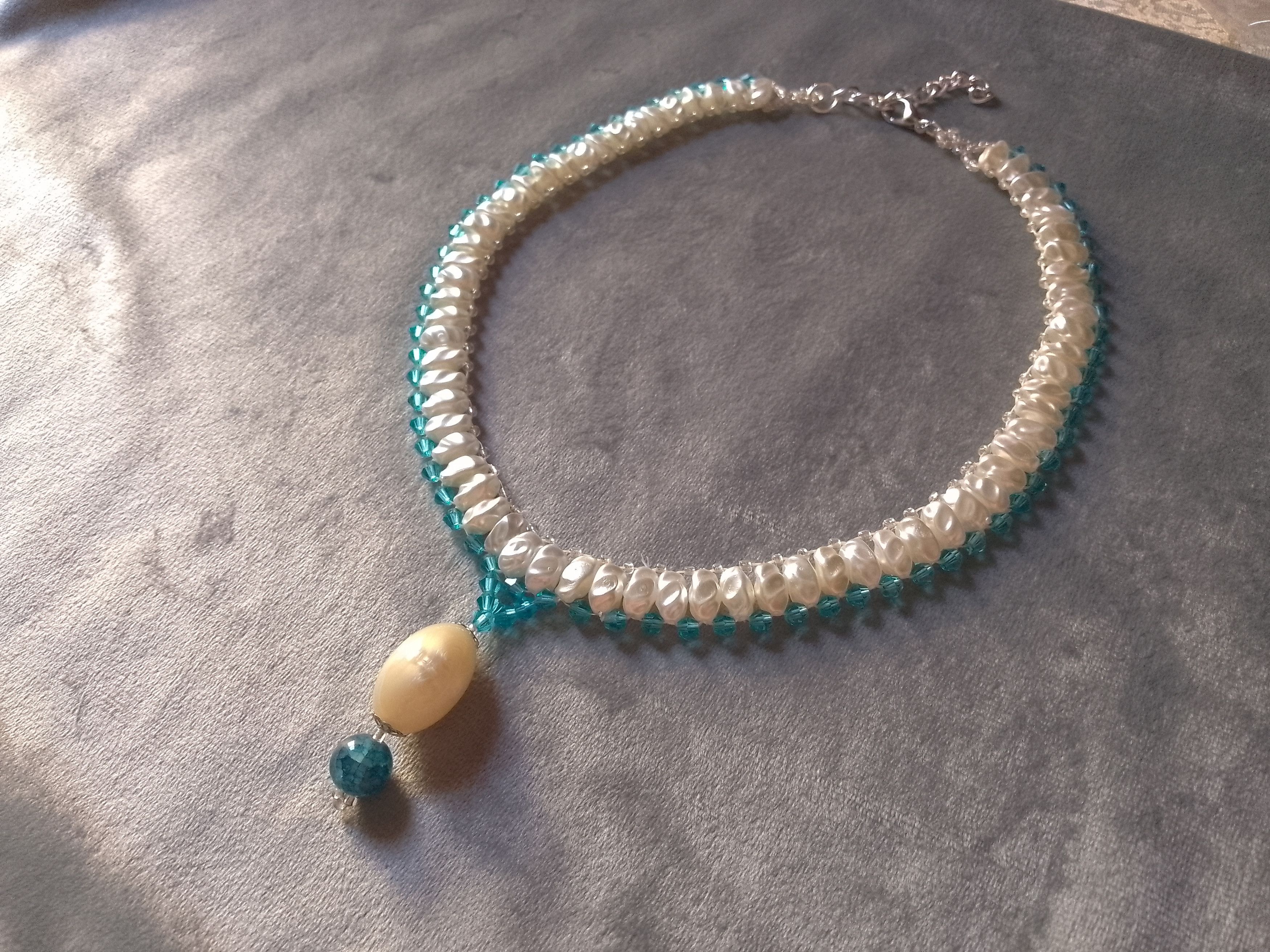 Handmade Elegant necklace Faux River Ivory Pearls Blue Crystals Size ONE SIZE - 1 Thumbnail