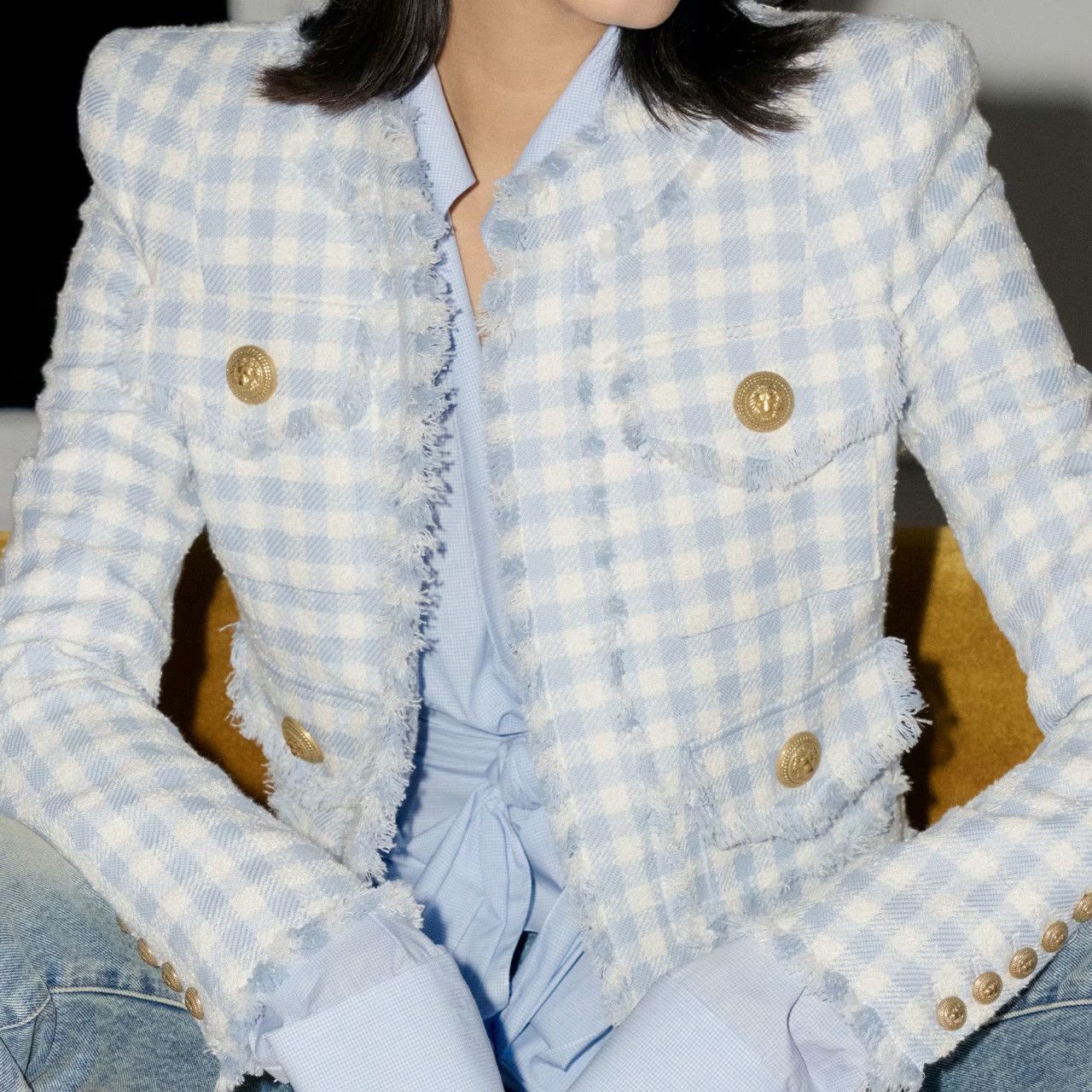 Balmain o1w1db10624 Collarless Vichy Jacket in White Size M / US 6-8 / IT 42-44 - 6 Thumbnail