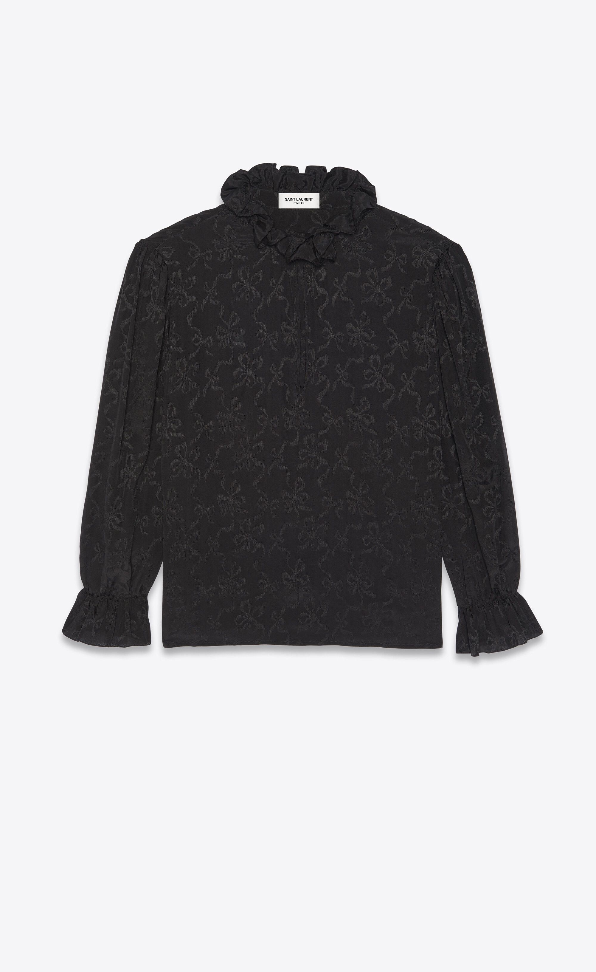 Saint Laurent Paris o1s1wg110824 Frilled Blouse in Matte and Shiny Silk in Black Size US S / EU 44-46 / 1 - 1 Thumbnail