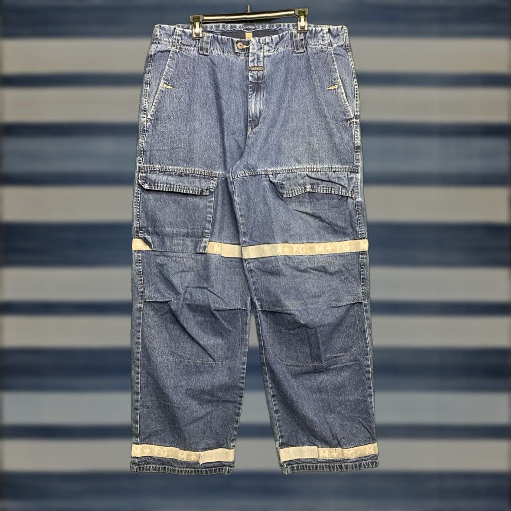 VINTAGE Girbaud Jeans Mens 38x32 Logo Grunge 90s Cargo Wide-Leg Denim Blue 5-Pocket Hip Hop Street Shirt