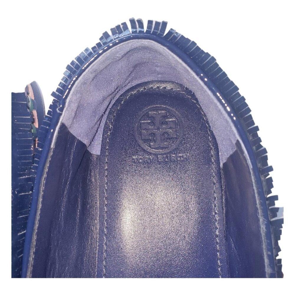 Designer SH126 Tory Burch Leather Fringed Navy Print Loafers 9.5 Size US 9.5 / IT 39.5 - 5 Thumbnail