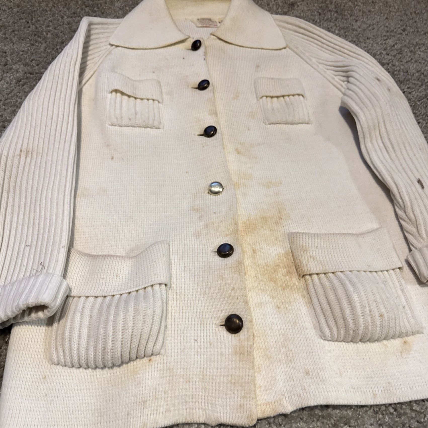Vintage VINTAGE Montgomery Ward Cardigan Sweater Men's 42 White 4-Pocket Acrylic Knit Stripes Stains Size US XL / EU 56 / 4 - 3 Thumbnail