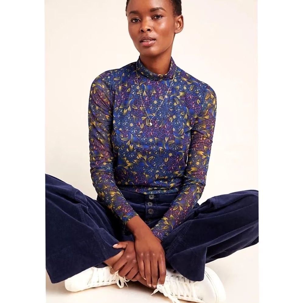 Anthropologie Anthropologie Blouse Floral Sheer Lined Mock Turtleneck Long Sleeve Women’s M Blue Floral Blouse Womens/M Size M / US 6-8 / IT 42-44 - 3 Thumbnail