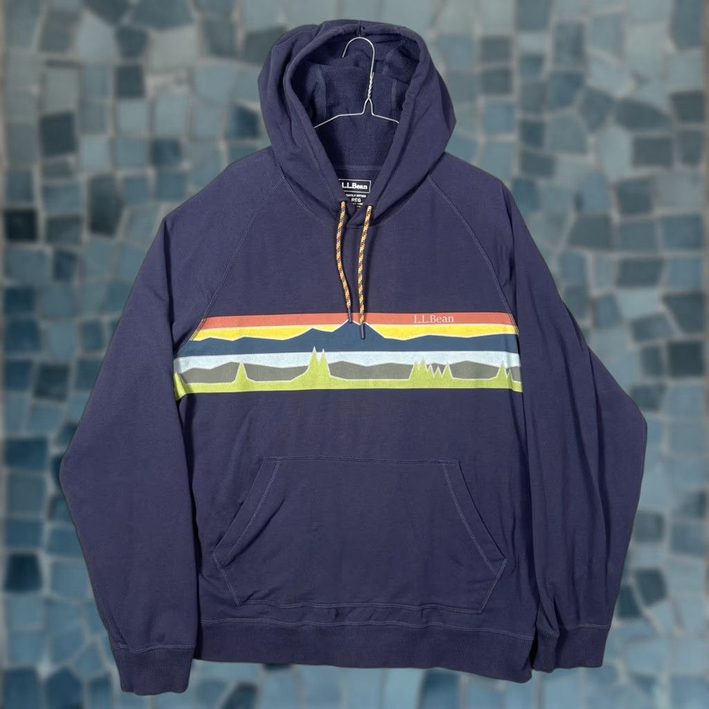 Vintage L.L. Bean Hoodie Mens L Blue Graphic Print Surfer Hiking Camp Horizon Mountain 515599 Pullover) Size US L / EU 52-54 / 3 - 1 Thumbnail
