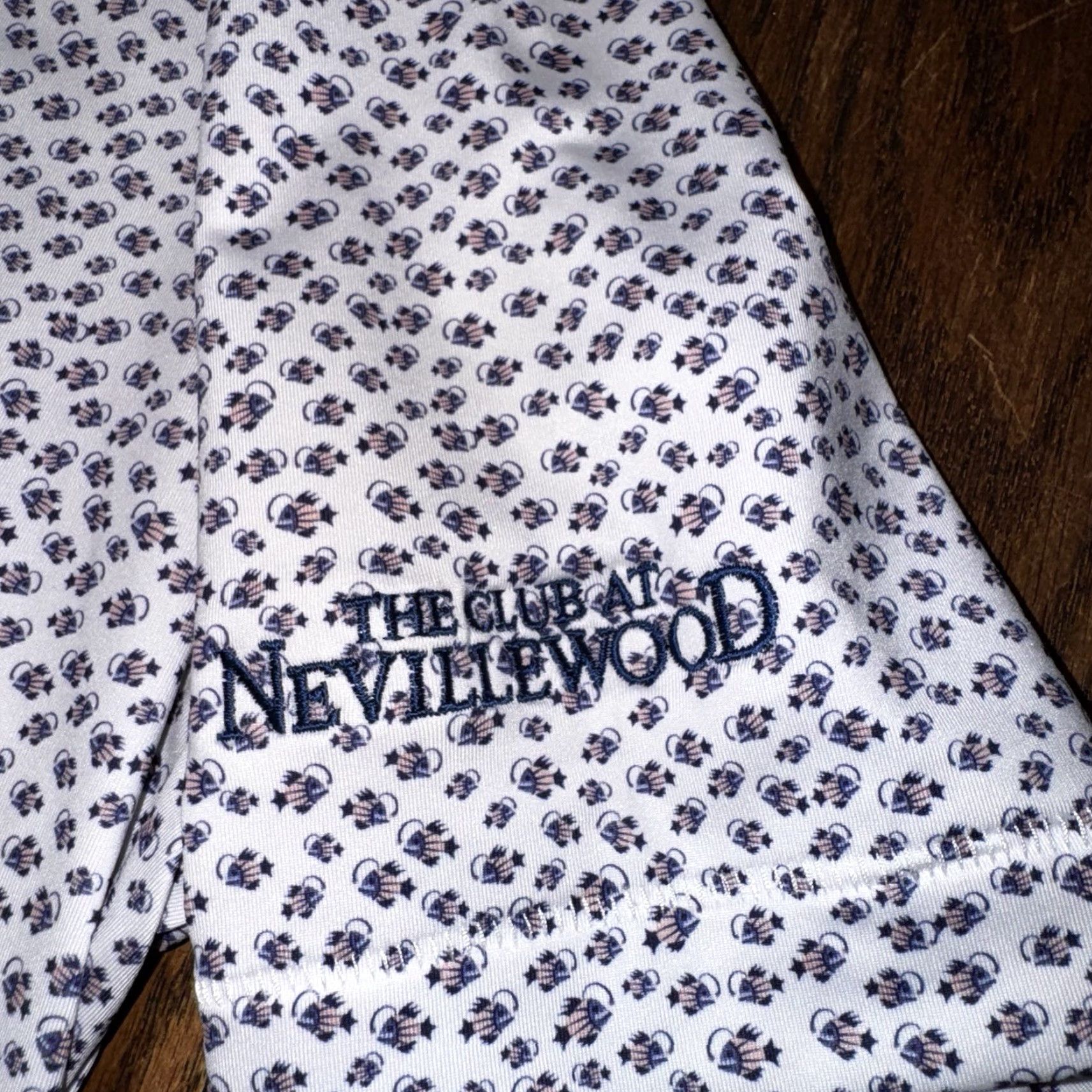 Peter Millar Peter Millar Polo Mens Large Pink Blue The Club At Nevillewood Golf Fish AOP Size US L / EU 52-54 / 3 - 3 Thumbnail