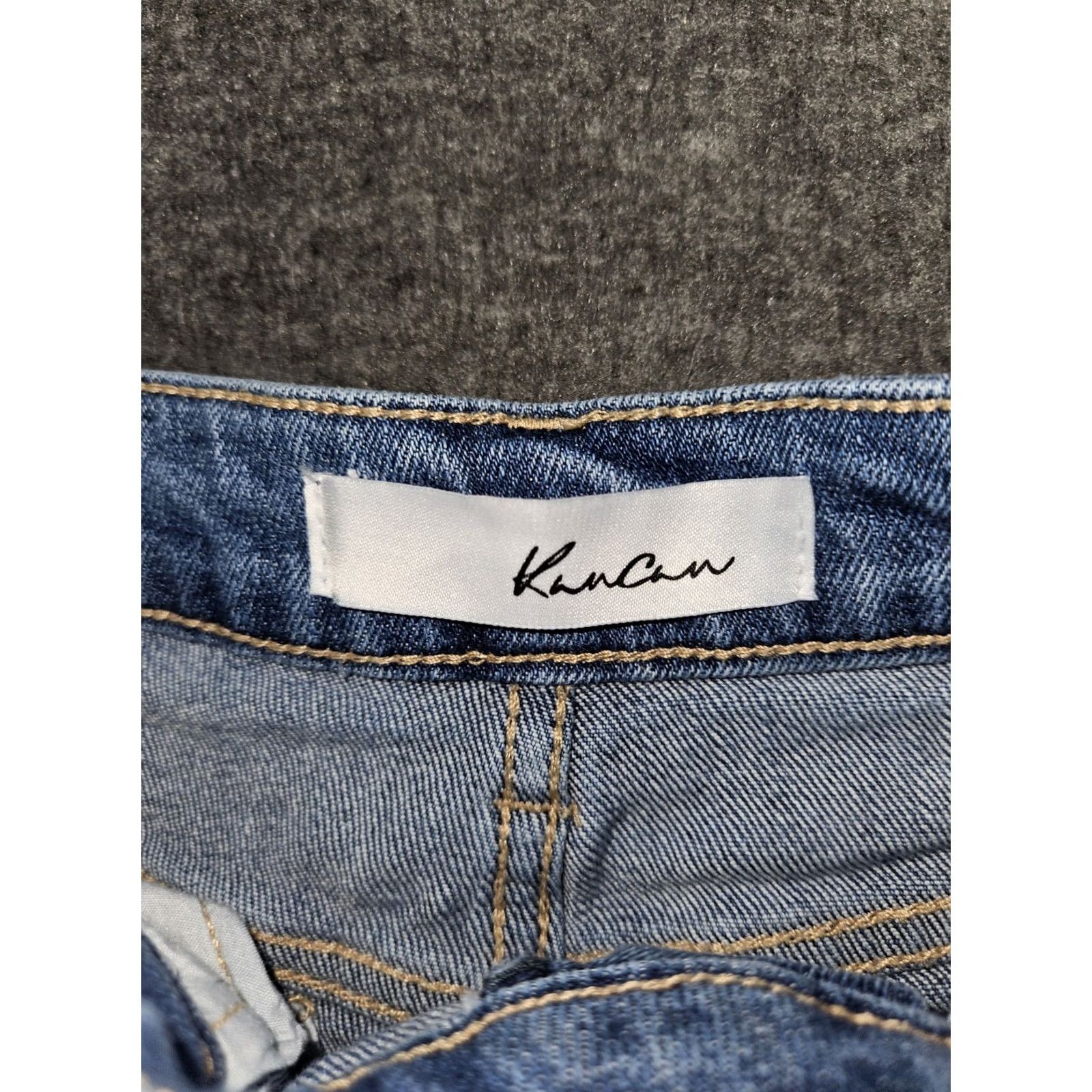 Vintage Kancan High Waist Flare Jeans Women's 1/24 Blue Stretch Distressed 5-Pocket Logo Zipper Button Hippie Bohemian 90s Juniors Womens 33in Inseam Size 25" / US 0 / IT 36 - 2 Thumbnail