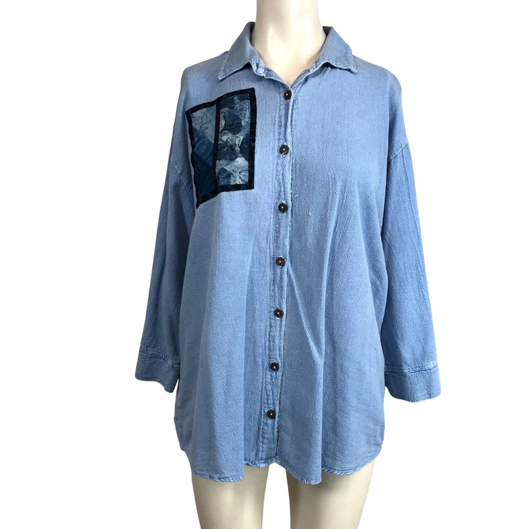 Vintage Brie Kriebel Clothing Blue Batik Patchwork Button Down Shirt Womens Large Oregon Size L / US 10 / IT 46 - 2 Thumbnail