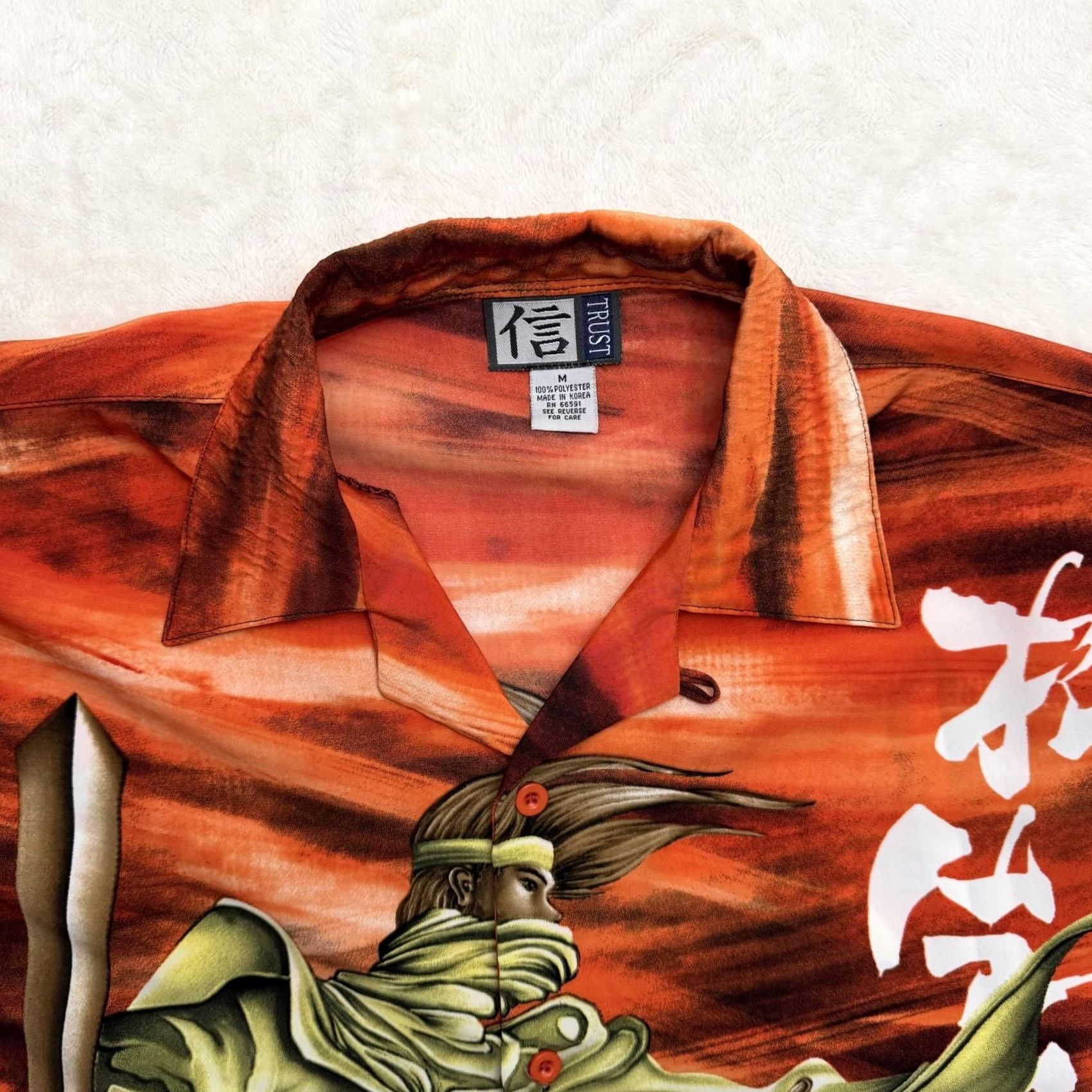 Vintage Trust Samurai Warrior Shirt Mens M Orange Hawaiian Button Up Graphic Print Short Sleeve Collared 90s Theme Casual Summer Size US M / EU 48-50 / 2 - 2 Thumbnail