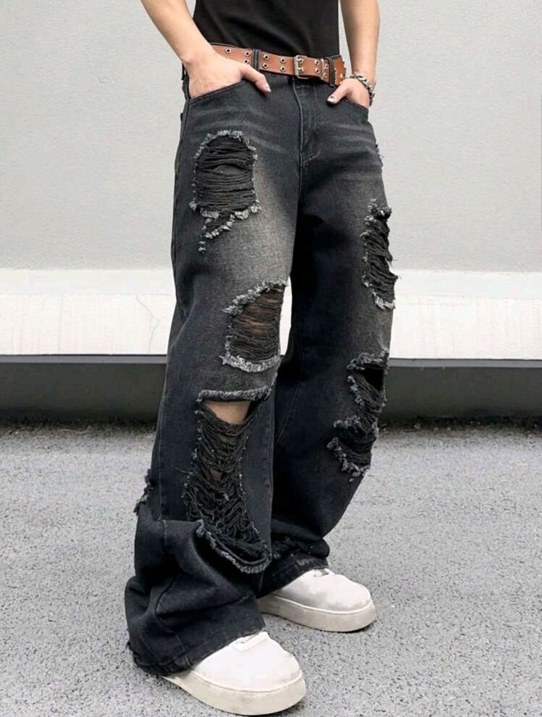 Japanese Brand × Jean Distressed Black Ripped Torn Jeans Y2k sh Size US 37 - 2 Thumbnail