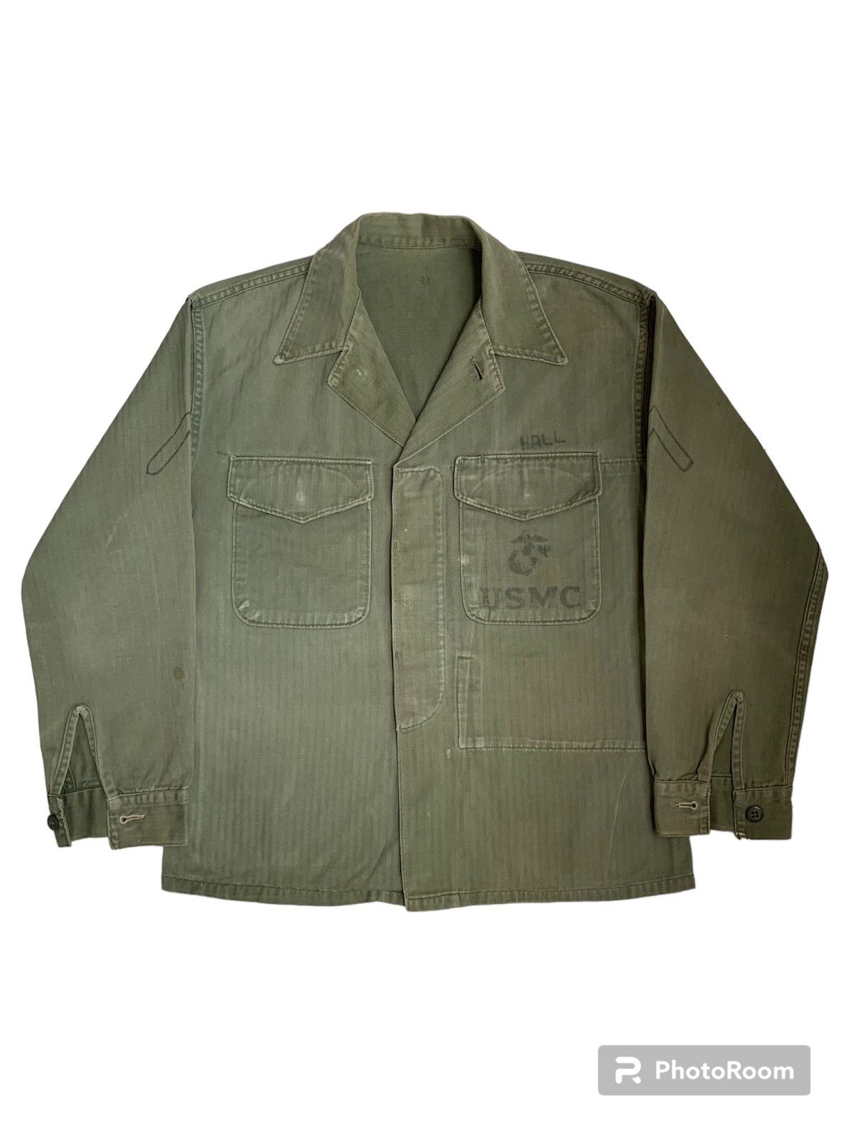 image of Made In USA x Military True Vintage 1950S P53 Usmc Hbt Shirt With Stencil Rank in Sage Green (Size 