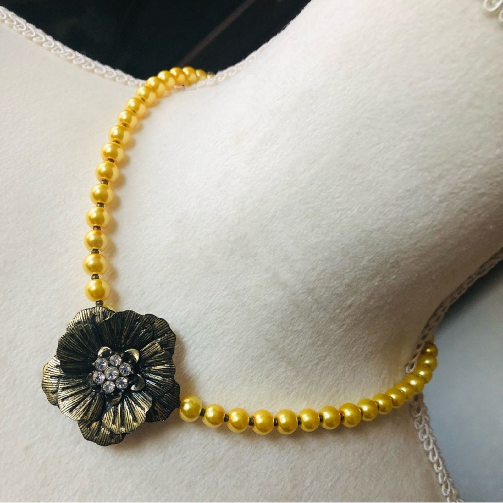 Handcrafted repurpose mellow yellow pendant Pearl necklace