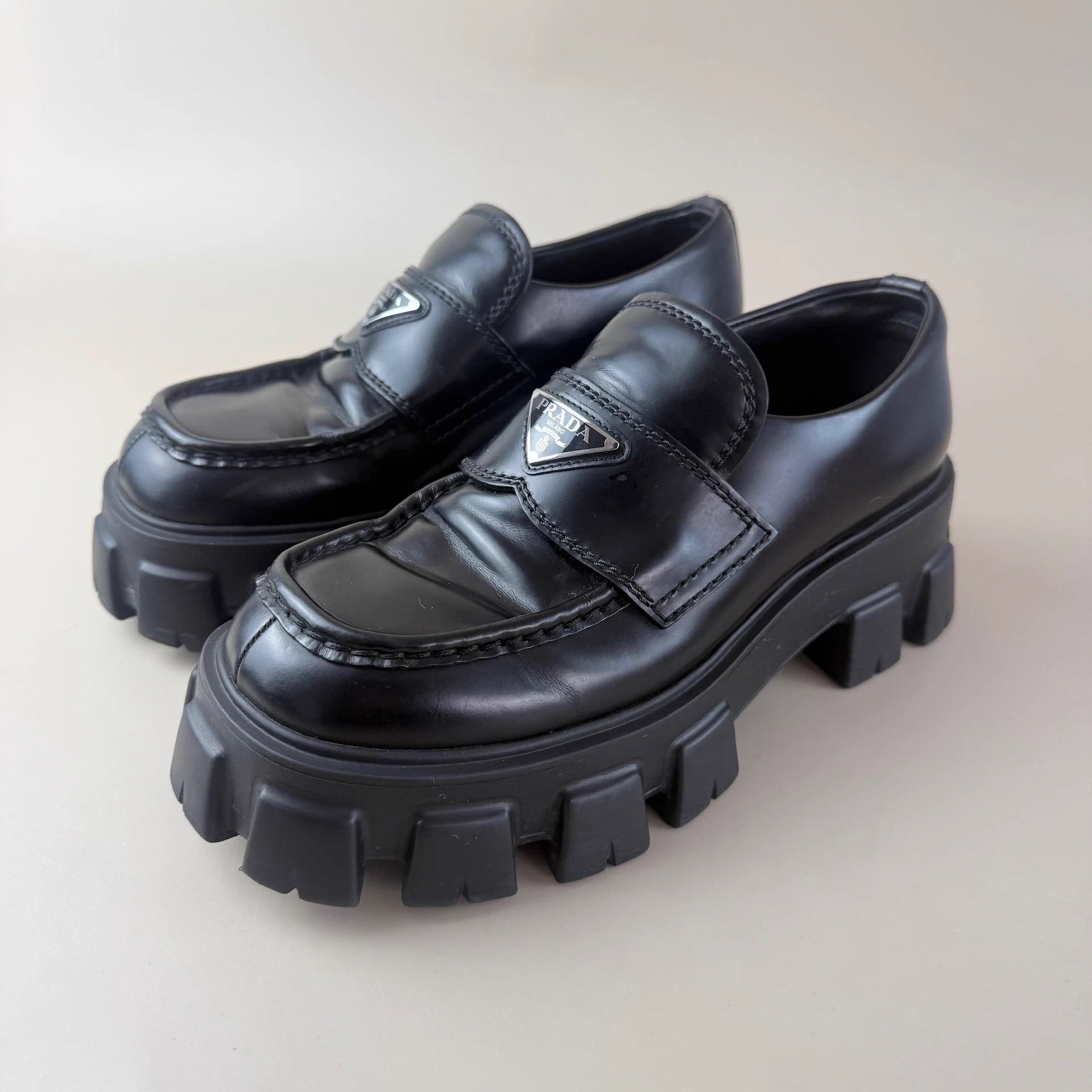 Prada Prada Black Triangle Logo Thick Sole Gear Shoes 39.5 95new Size US 8.5 / IT 38.5 - 1 Thumbnail