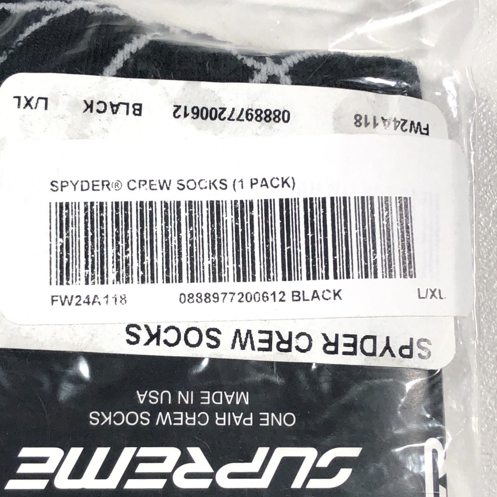 FW24 Supreme Spyder Crew Socks (1 Pack) Black New B9