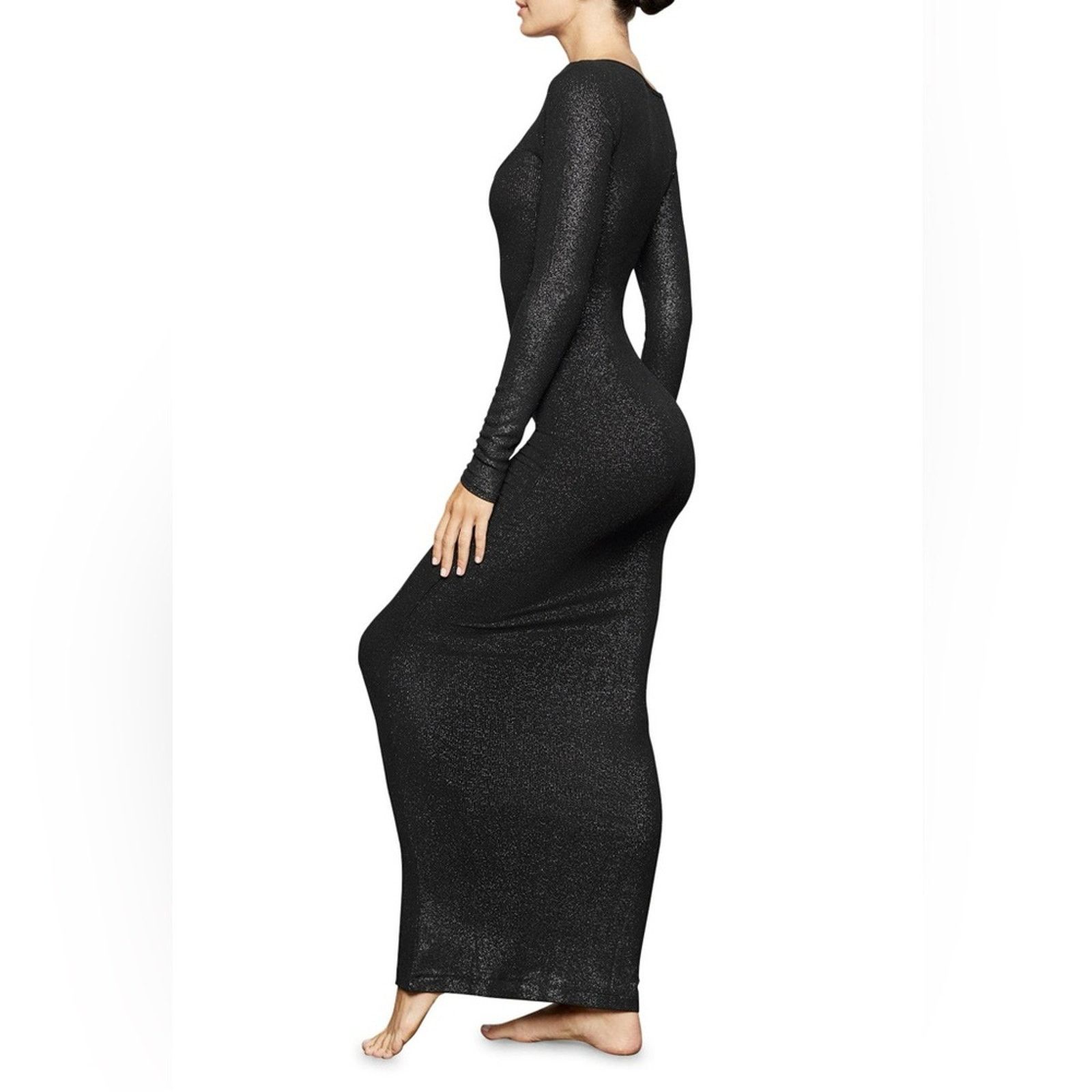 SKIMS SKIMS Lounge Ribbed Long Sleeve Maxi Dress Onyx Foil NWT Size S / US 4 / IT 40 - 4 Thumbnail