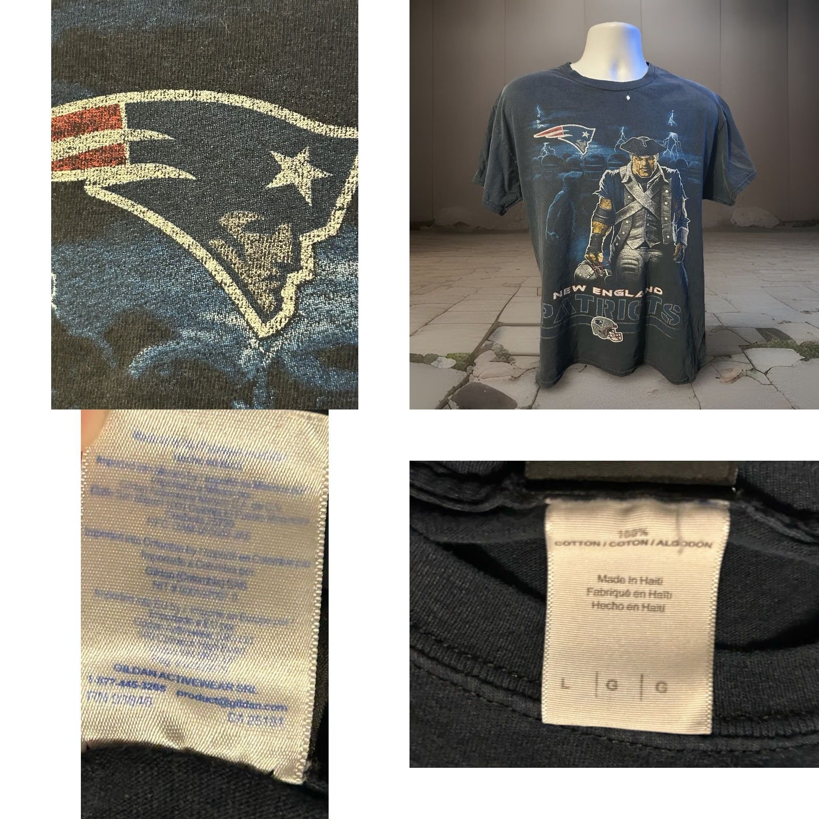 Gildan VINTAGE New England Patriots Shirt Men L Black Short Sleeve Thrashed Holes Faded NFL Gildan Logo Graphic Print Football Patriots 90s 1990s Mens Size US L / EU 52-54 / 3 - 8 Thumbnail