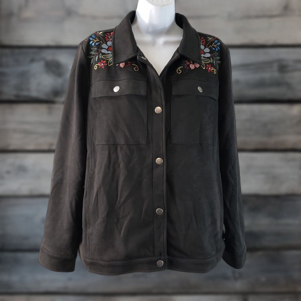 Vintage Laurie Felt Womens Embroidered Jacket XL Black Red Floral Snap Buttons Size XL / US 12-14 / IT 48-50 - 1 Thumbnail
