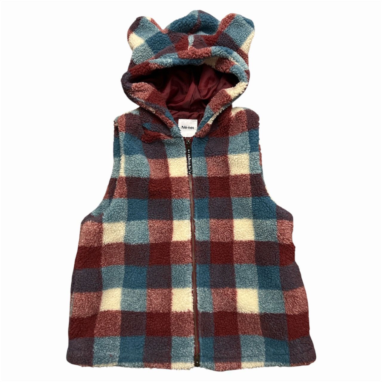 Ne-net Fleece Fur Red Plaid Bear Ear Vest Hoodie