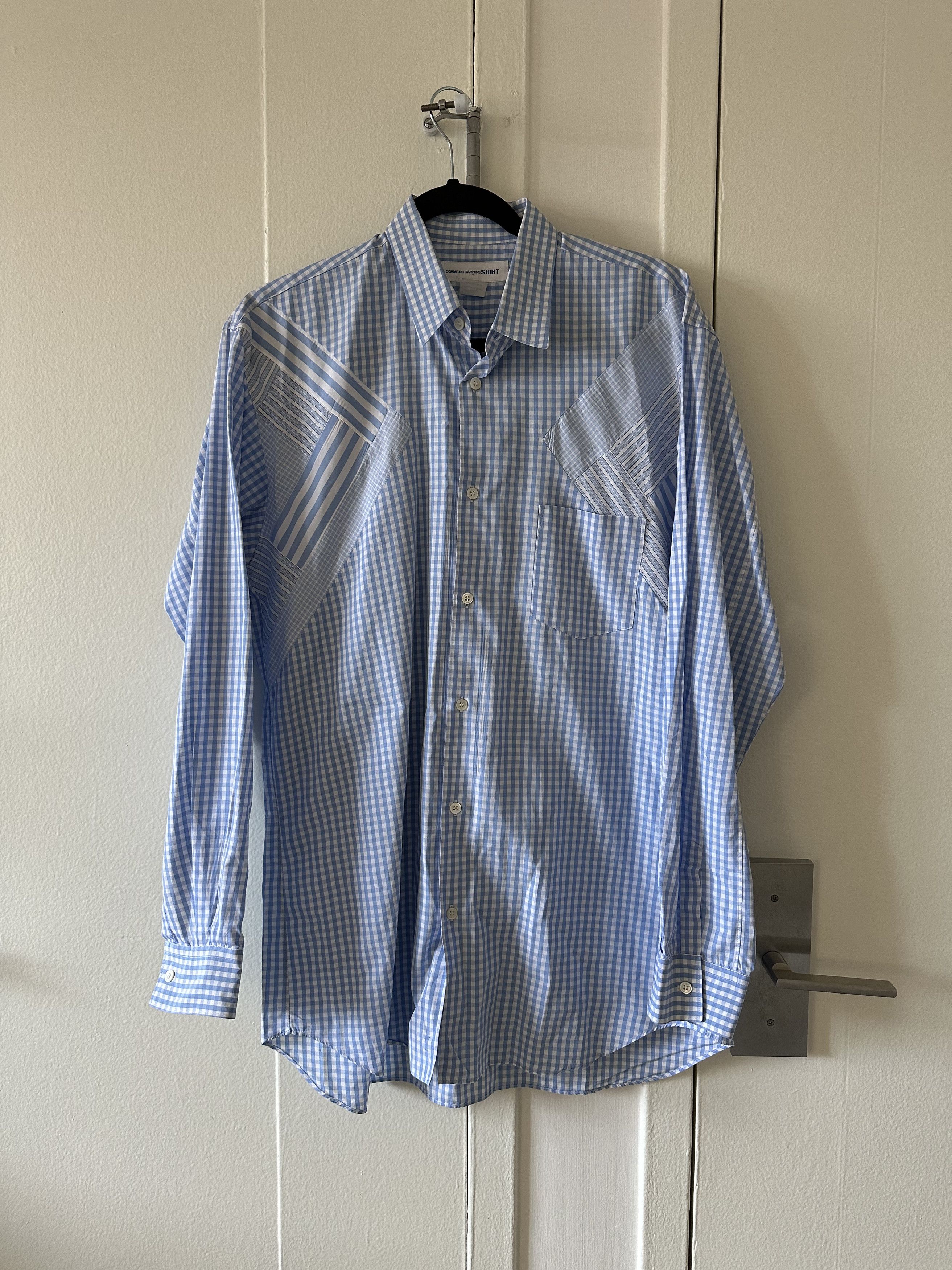 image of Comme Des Garcons x Comme Des Garcons Shirt Abstract Paneled Button Up Shirt in Blue White (Size Sm