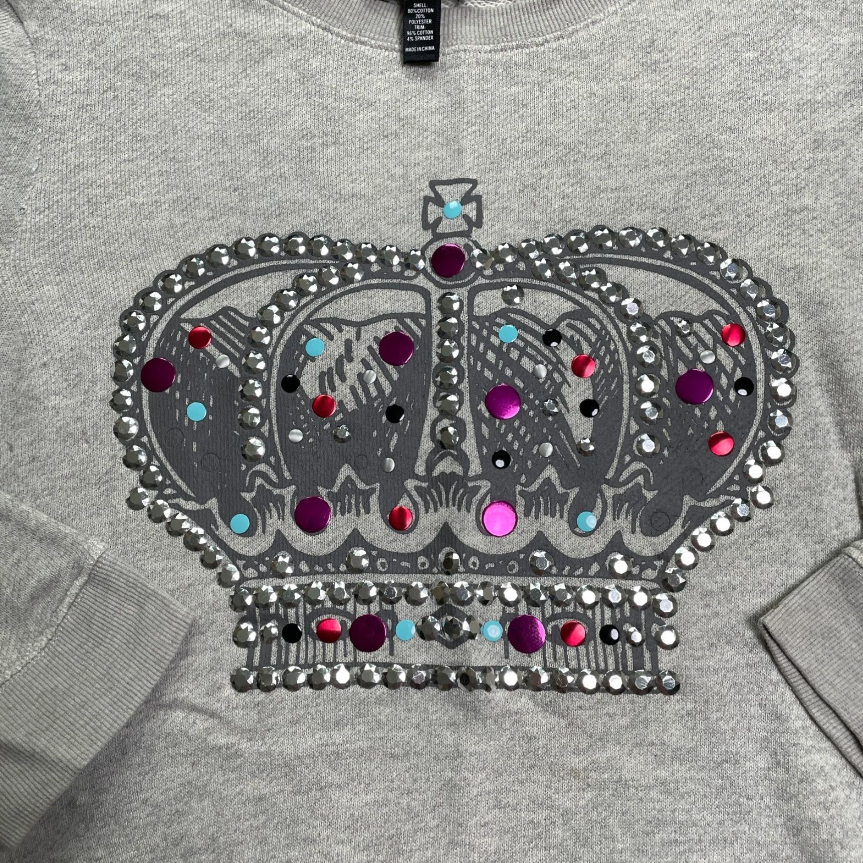 AQUA Aqua Sweatshirt Womens Small Gray Graphic Crown Rhinestone by Bloomingdale's Pullover Casual All Seasons Long Sleeve Chest Size 37 in Regular Fit Size S / US 4 / IT 40 - 3 Thumbnail