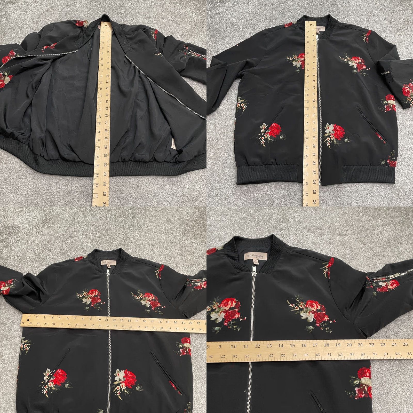 Philosopy Floral Bomber Jacket Women Large Black Full Zip Pockets Casual Outdoor