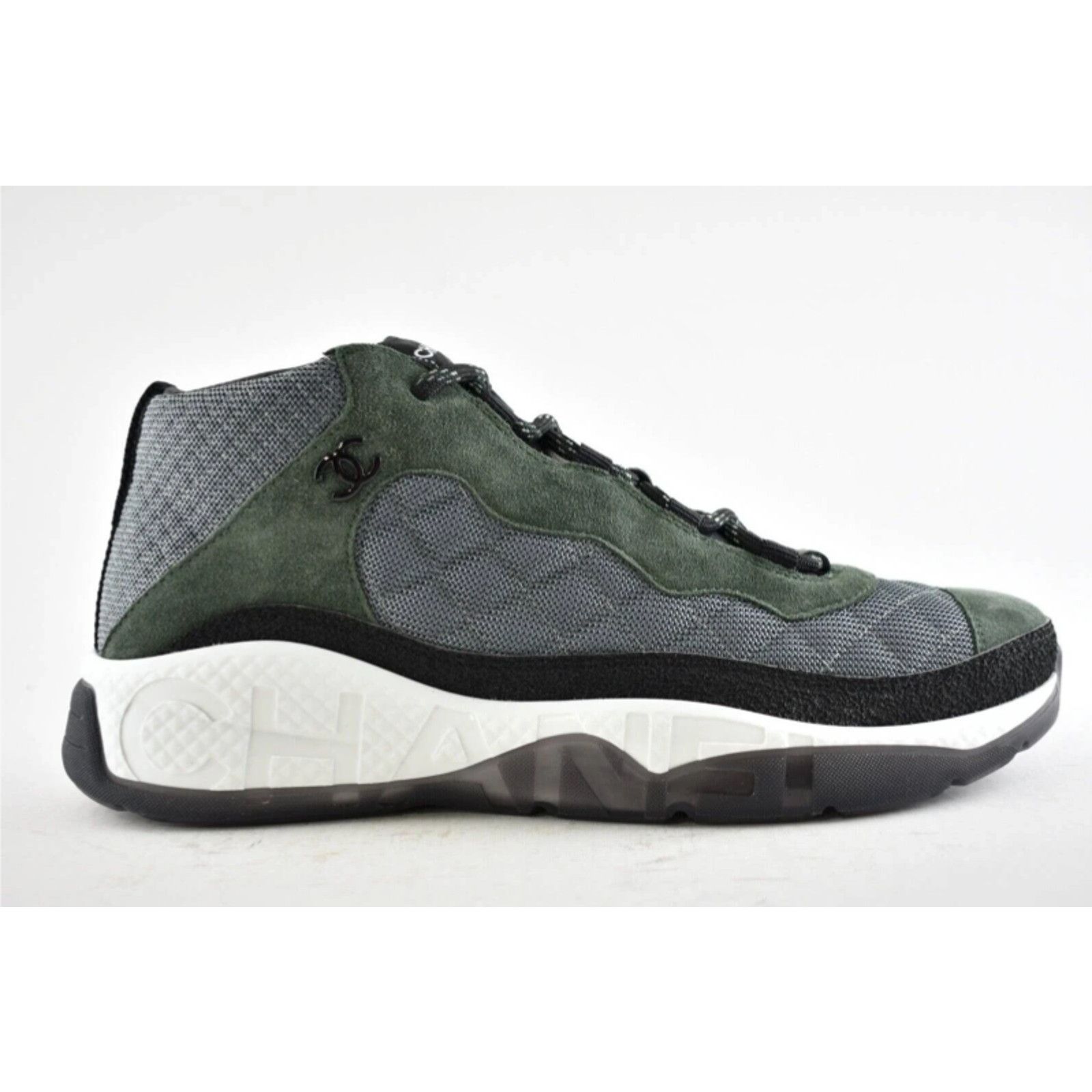 Chanel 21B Mens Green Suede Grey CC Logo Mid Top Sneaker 11