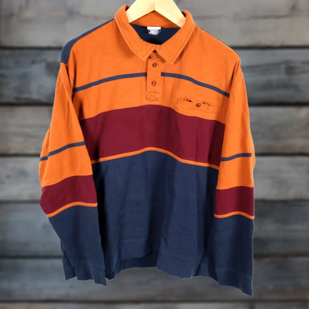 Haband VINTAGE Haband Polo Shirt Knit Striped 3XL Blue Orange Long Sleeve Cotton Blend Mens 90s Retro Size US XXL / EU 58 / 5 - 1 Thumbnail
