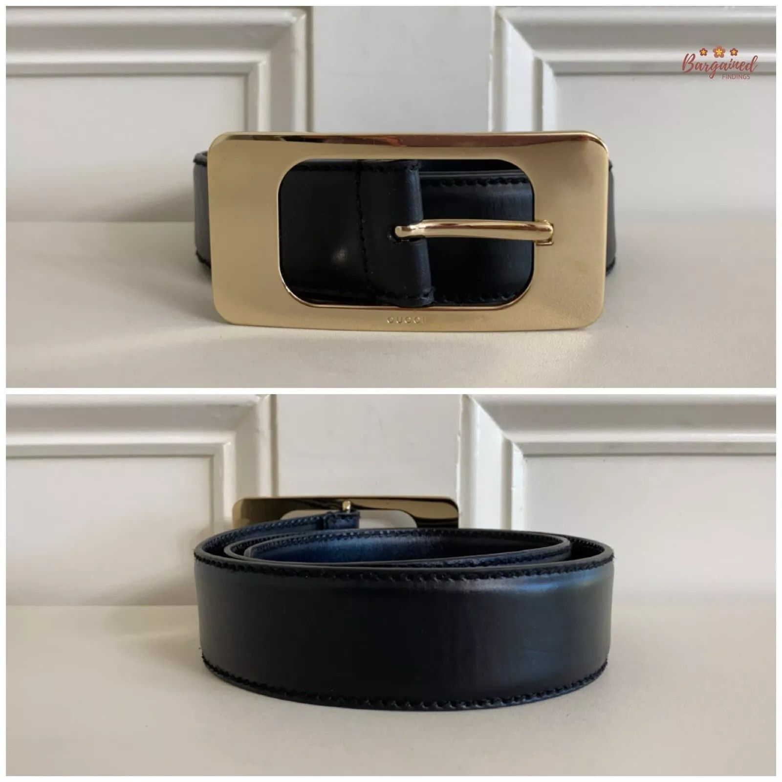 Gucci Gucci Black Calfskin Leather Gold Large Square Buckle Belt Size 30 - 11 Thumbnail