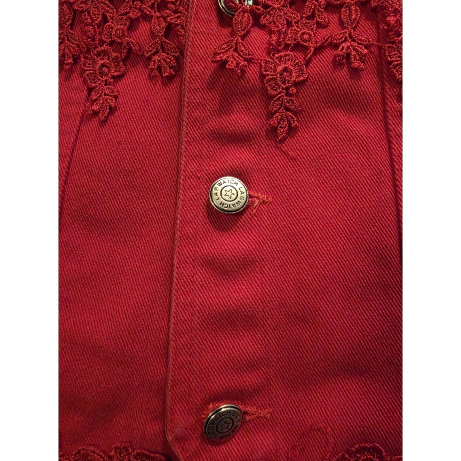 Vintage VINTAGE Watch LA Women's Denim Vest Short Sleeveless Red Embroidered Rose Lace 90s Western Casual Womens Medium Size M / US 6-8 / IT 42-44 - 4 Thumbnail
