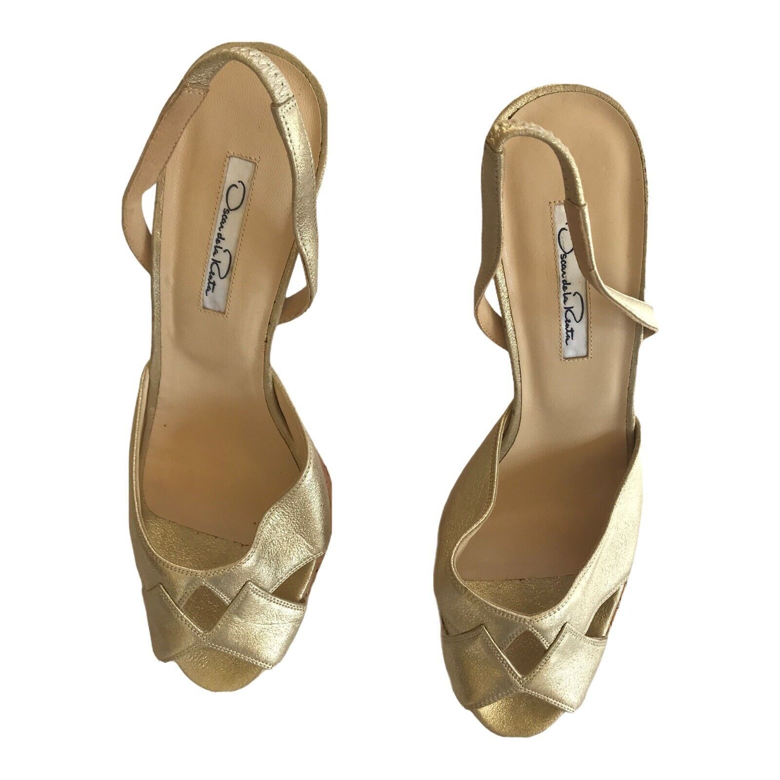 Oscar De La Renta Oscar de la Renta Metallic Gold Leather Peep Toe Cork High Size US 8.5 / IT 38.5 - 1 Thumbnail