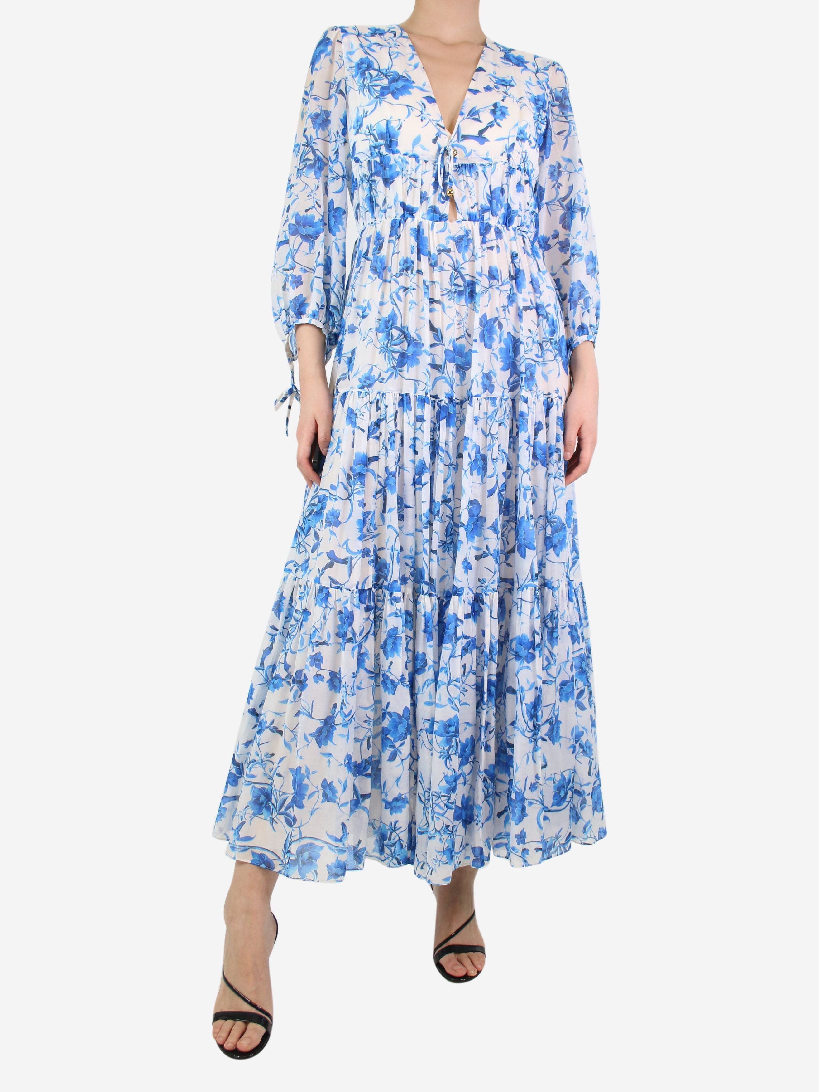 image of Borgo De Nor Blue Floral Printed V-Neck Dress - Size Uk 12, Women's