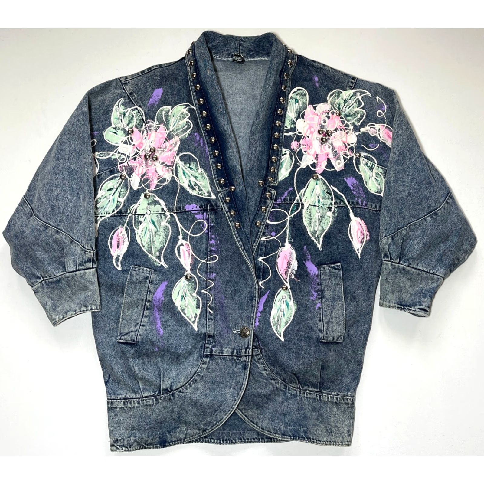 Denime VINTAGE Women's Denim Jacket Americana 80s Floral Blue Sz L Jacket Women 80s Vintage Denim Jacket Americana Floral Pockets Blue 80s Womens Mens Girls Size L / US 10 / IT 46 - 5 Thumbnail