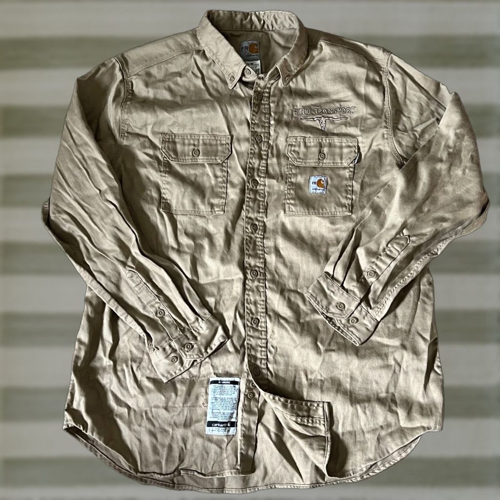 VINTAGE Carhartt Men’s Long Sleeve Button-Down Work Shirt Khaki Tan XL Cotton Fall Winter Outdoor