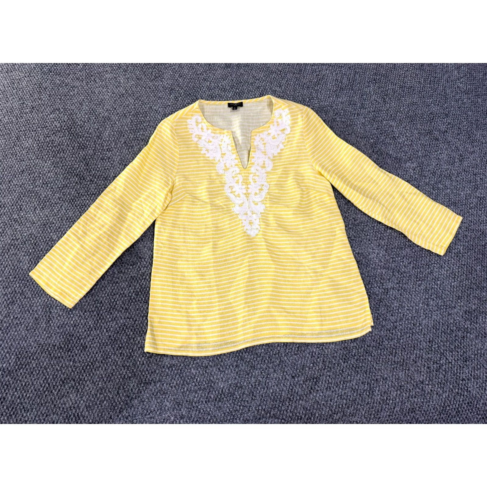 Talbots Talbots Blouse Womens Petite P Yellow White Striped Linen Embroidered Long Sleeve V-Neck Casual Workwear Size XXS / US 00 / IT 34 - 2 Thumbnail