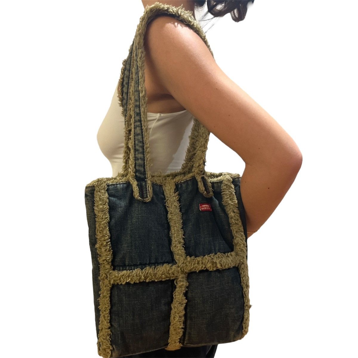 Miss Sixty Italy y2k Vintage Denim Faux Fur Shoulder tote