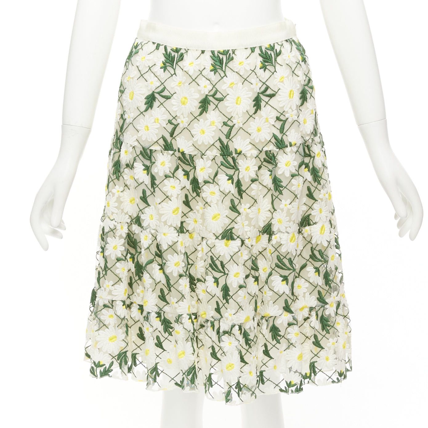 Giambattista Valli GIAMBATTISTA VALLI white green embroidered daisy cotton blend midi skirt IT38 XS Size 26" / US 2 / IT 38 - 1 Thumbnail