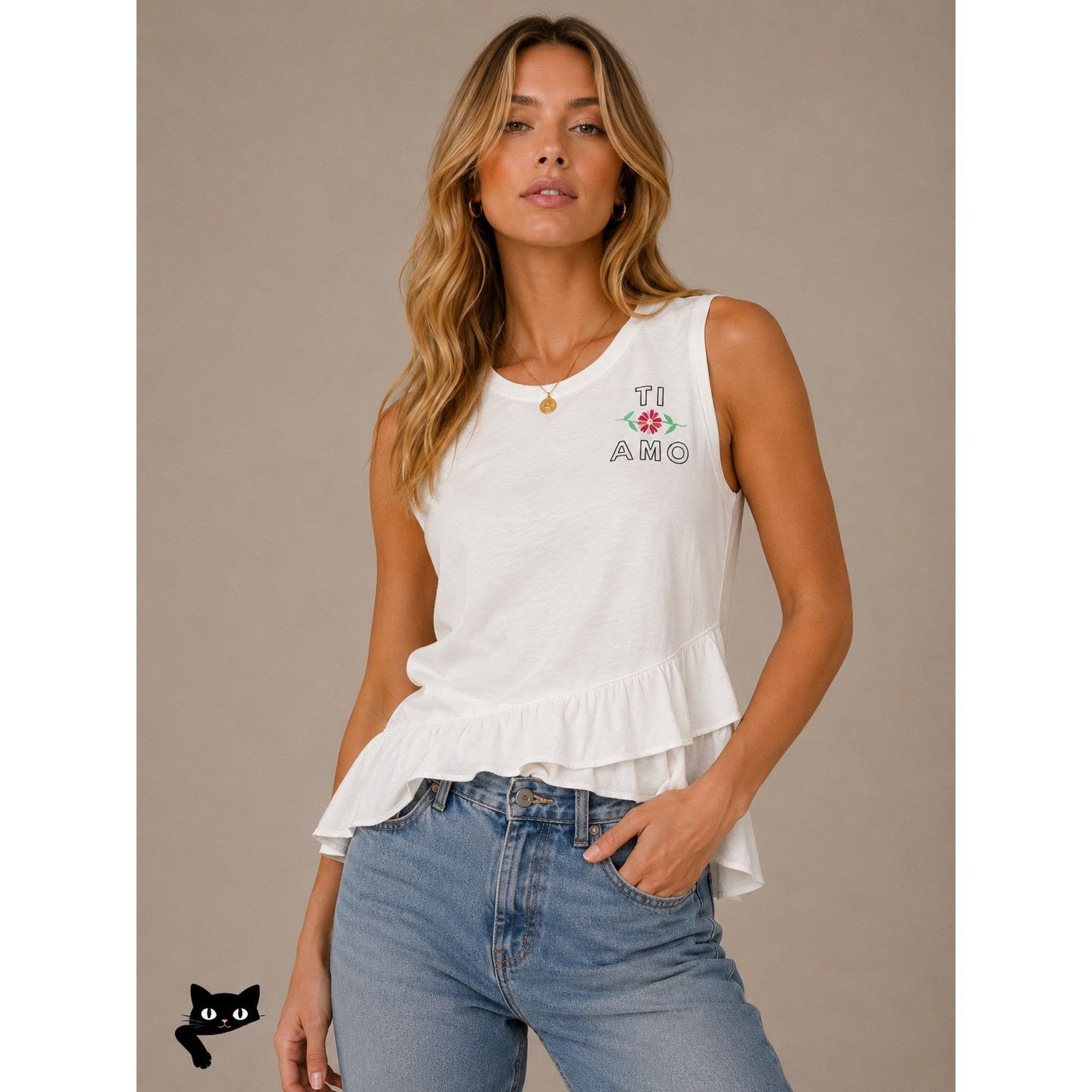 Sundry Sundry Ti Amo Graphic Peplum Tier Front Ruffle Tank Top 2 Size XS / US 0-2 / IT 36-38 - 4 Thumbnail