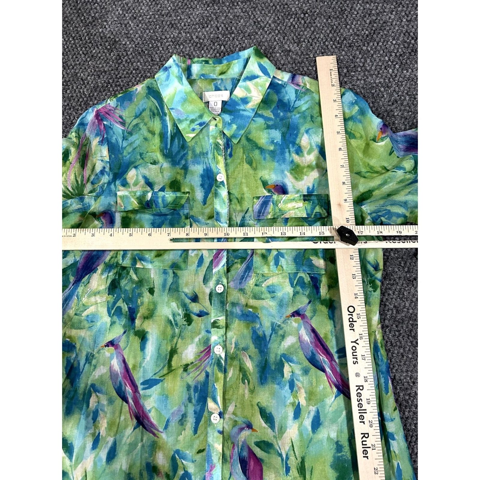 Vintage Chico's Shirt Womens 0 Green Bird Tropical Print Button Front 3/4 Sleeve Top Size XS / US 0-2 / IT 36-38 - 5 Thumbnail