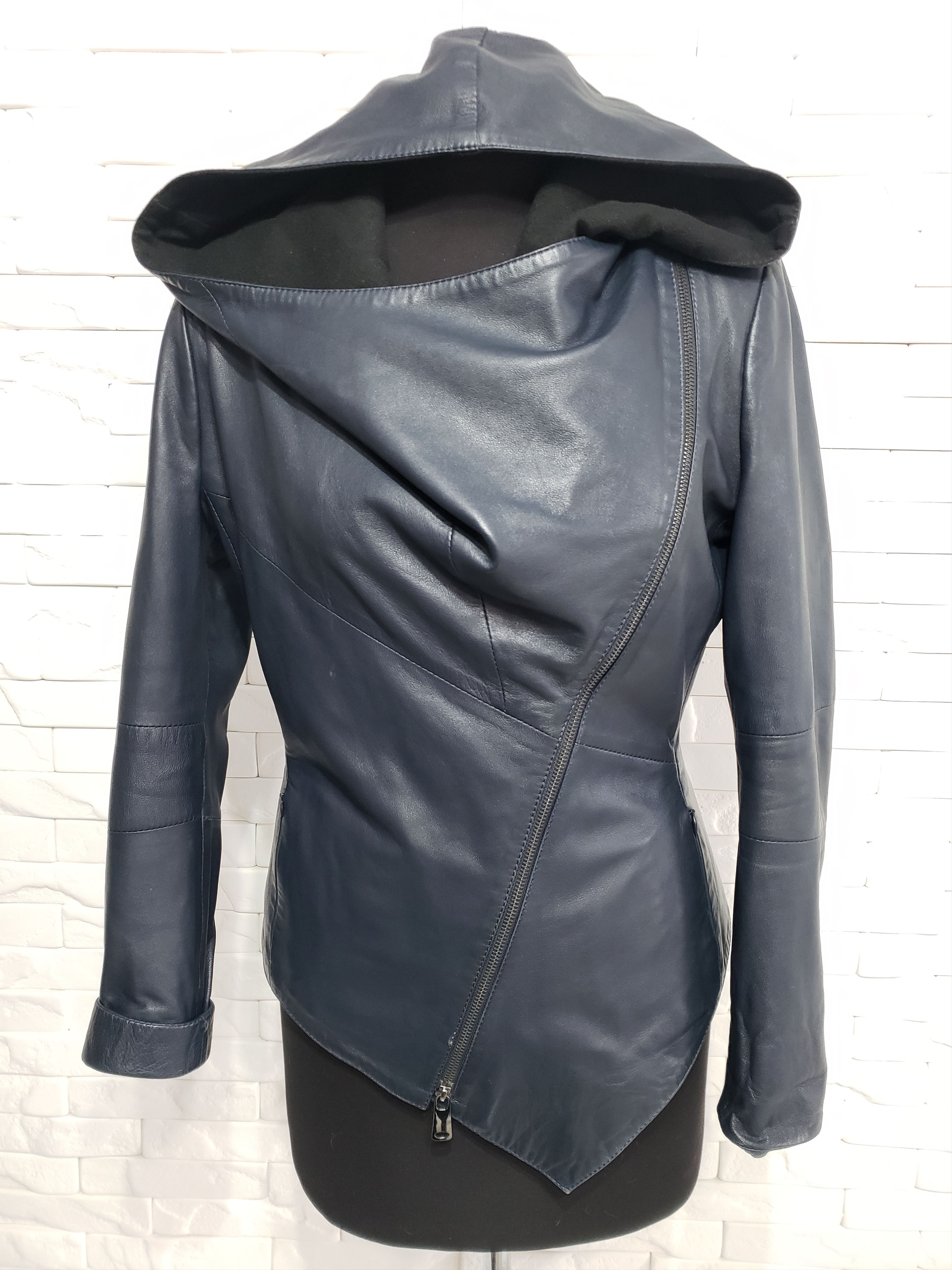 Genuine Leather Stylish blue leather jacket for women with a hood. Size L / US 10 / IT 46 - 1 Thumbnail