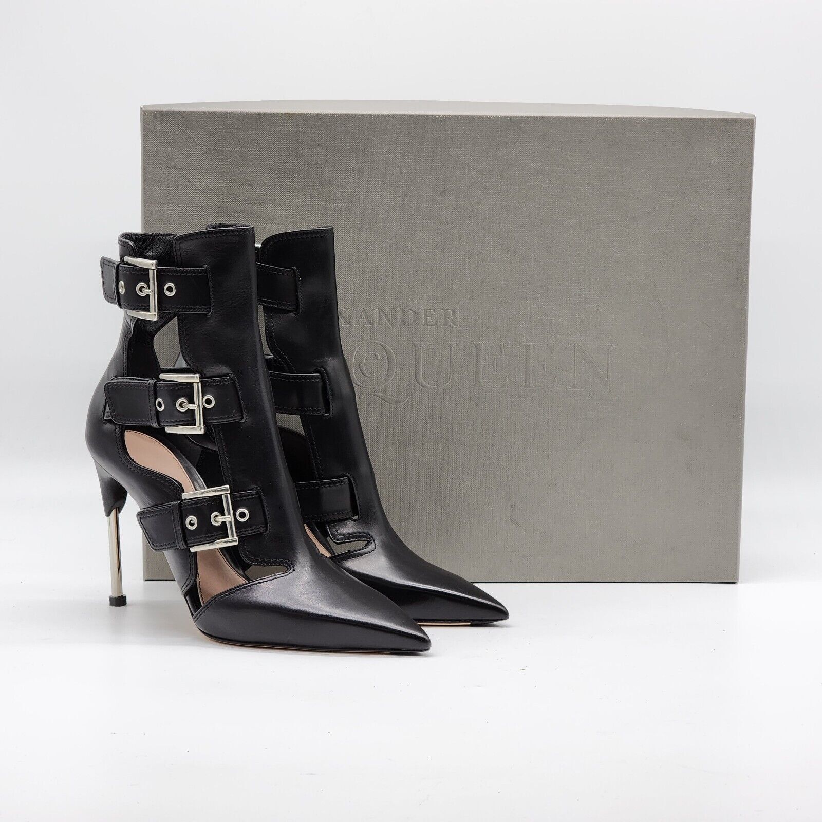 Alexander McQueen Cage Buckle Ankle Stiletto Heeled Booties Leather Black 37 Size US 7 / IT 37 - 2 Thumbnail