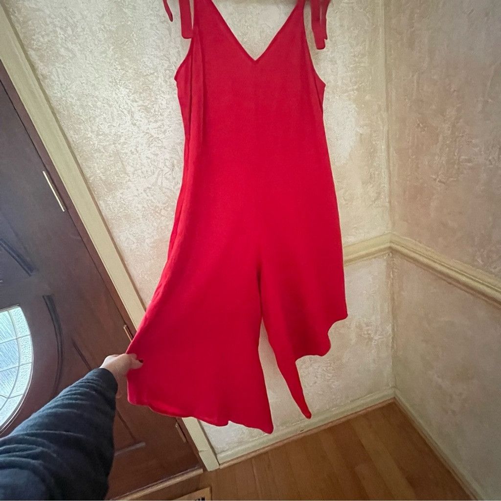 Everlane Everlily Red Linen midi jumpsuit romper v-neck Sz Large Size 32" / US 10 / IT 46 - 4 Thumbnail