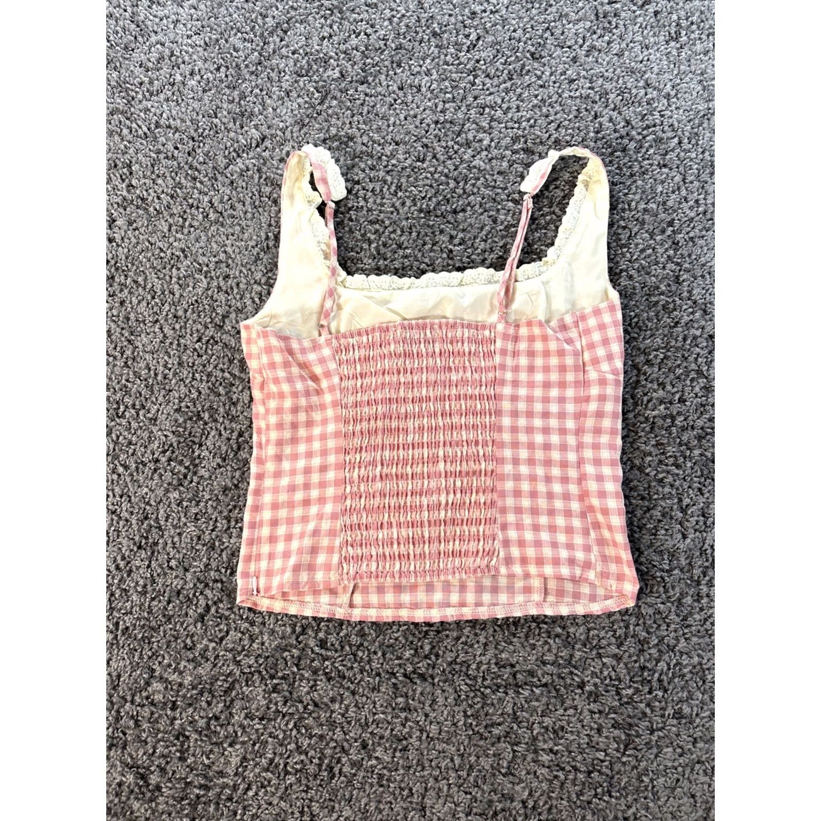 Pinko VINTAGE Favorite Camisole Top Womens Medium Pink Plaid Lace Prairie Cottage Y2K Camisole Tank Boat Neck Sleeveless Size M / US 6-8 / IT 42-44 - 5 Thumbnail