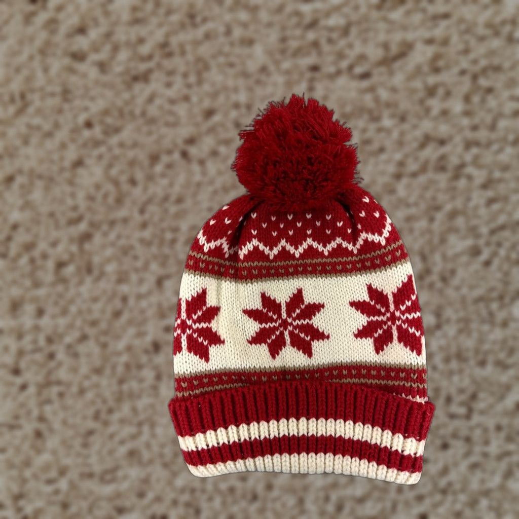 Vintage Womens Floral Beanie Toque One Size Cream Red Knit Winter Pom 100% Acrylic Size ONE SIZE - 1 Thumbnail